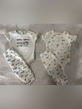 Chickpea Baby Two-Piece Matching Sets in White with Green Trim and Car Prints